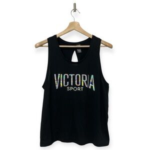 Victoria Secret Sport Black Metallic Tank Top Tie Bottom Back Size Medium M